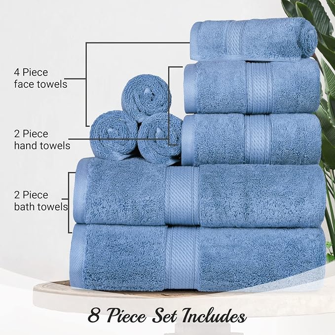 SUPERIOR Egyptian Cotton Ultra Plush & Absorbent, 8 Piece Set, Denim Blue | Quick Dry, Soft Luxury Towel Set, Bath Essentials, Guest Bath, Spa, 2 Bath, 2 Hand, 4 Face Towels, Madeline Towels