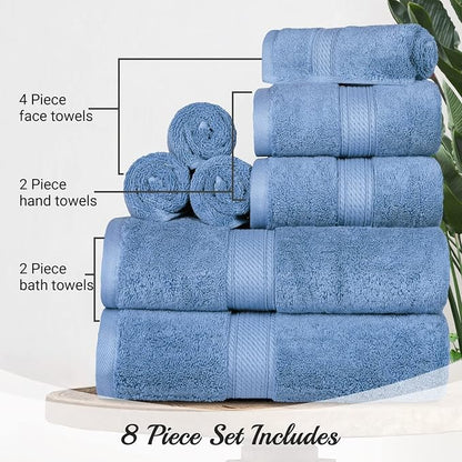 SUPERIOR Egyptian Cotton Ultra Plush & Absorbent, 8 Piece Set, Denim Blue | Quick Dry, Soft Luxury Towel Set, Bath Essentials, Guest Bath, Spa, 2 Bath, 2 Hand, 4 Face Towels, Madeline Towels