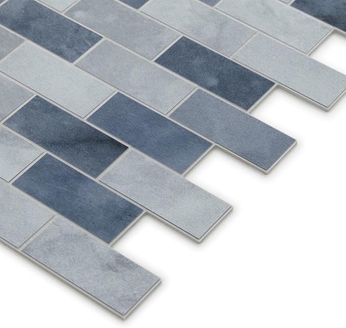 10-Sheet Subway Peel and Stick Backsplash Tile, 11.3" x 10.8" Blue Stone Composite Cement Looks Self Adhesive Waterproof Wall Tile, Stick on Tiles for Kitchen Bathroom Shower Fireplace