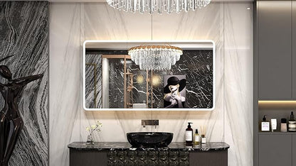 60×32 Inch Lighted Medicine Cabinet with Mirror, RGB Backlit LED Medicine Cabinet with 3-Color Front Lights, Bathroom Mirrored Cabinet with Electrical Outlet, Defogger, Three Door