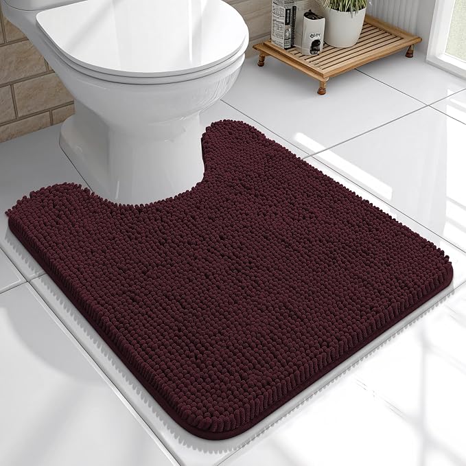 OLANLY Toilet Rugs U-Shaped 20x20, Soft Absorbent Chenille Contour Rugs | Black Cherry, Quick-Drying Rubber Backing, Machine Washable Non-Slip Shaggy Bathroom Mat for Toilet, Home Decor Accessories