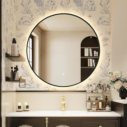 Niccy Round LED Bathroom Mirrors, Black Framed Backlit Vanity Mirror, 32" | LED Smart Circle Mirror with 3 Color Lighting, Anti-Fog Lighted, IP65 Waterproof, Wall Mounted Bathroom Vanity