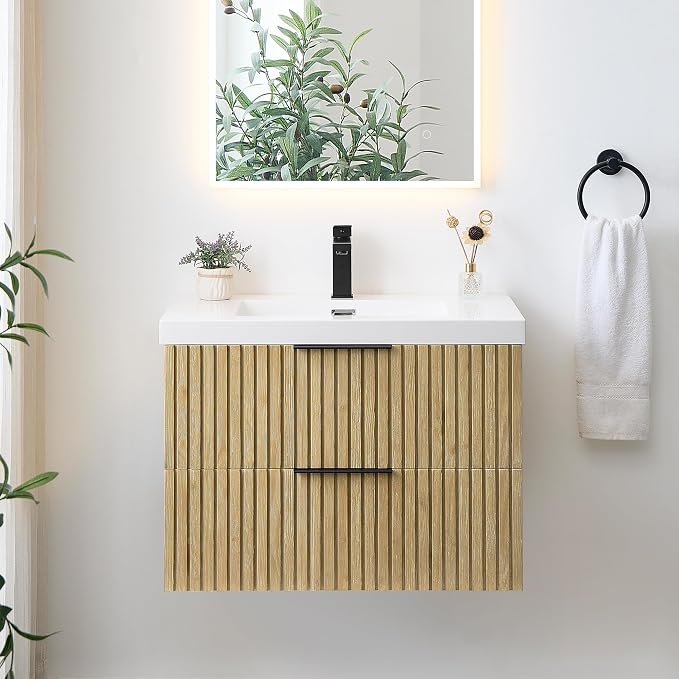 30 Inch Floating Sink Bathroom Vanity Wall Mount Single Vanities with Top | Pre-Assembled, Sturdy Solid Wood, Modern Vanity, Ceramic Sink, Large Storage Cabinet, Soft Closing Doors, Dovetail Drawers