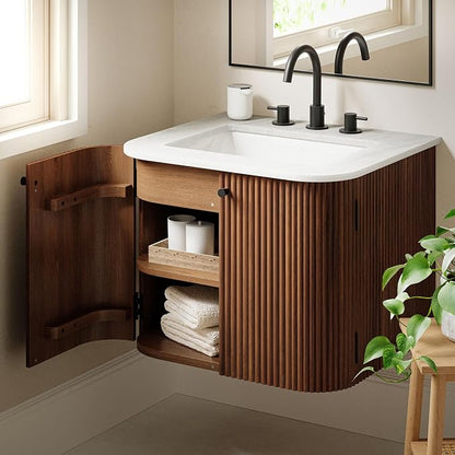 Modway Zia 24 inch Wall-Mount Bathroom Vanity in Walnut with Marble Sink Basin - Floating Bathroom Cabinet with Fluted Design