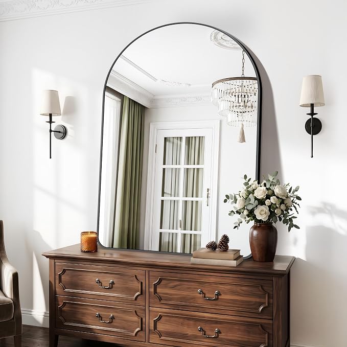 BONEWEI Arched Wall Mirror,55x40 inch Black Arched Mirror Bathroom,Large Vanity Mirror for Over Sink Metal Frame,Tempered Glass Arch Mirrors for Bedroom,Entryway,Living Room,Home Decor Shatter-Proof