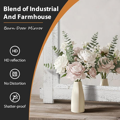 Besdomus Large Bathroom Farmhouse Mirror: 42"x28" White Barn Door Farmhouse Solid Cedar Wood Frame - Rustic Wall Mounted Mirror for Entryway/Living Room/Bathroom Redo - Home Decor for Housewife