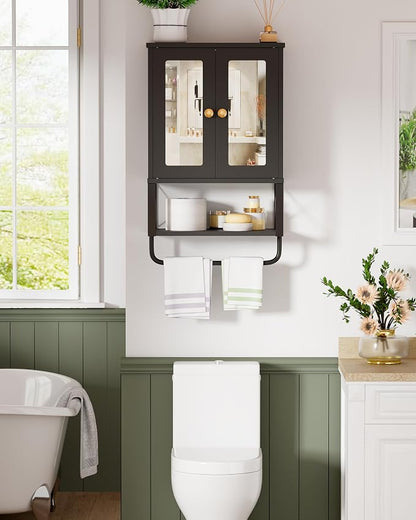 BEWISHOME Bathroom Medicine Cabinet Mirror with Towel Bar, Black | Wall Mounted Cabinet with Adjustable Shelf Hooks, Space-Saving Over-Toilet for Bathroom, Living Room, 7.1x15.4x24.4 Inches