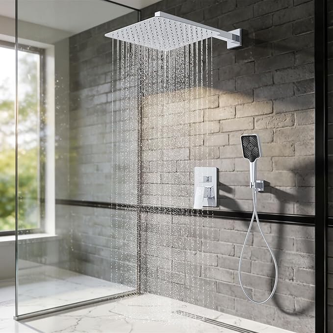 Shower System Modern Rain Brass Faucet Set With Valve and Diverter Shower Mixer With Handheld High Pressure Square Rainfall Shower Valve (12'' Wall Mount, Chrome Polished)