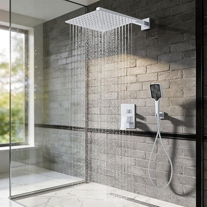 Shower System Modern Rain Brass Faucet Set With Valve and Diverter Shower Mixer With Handheld High Pressure Square Rainfall Shower Valve (12'' Wall Mount, Chrome Polished)