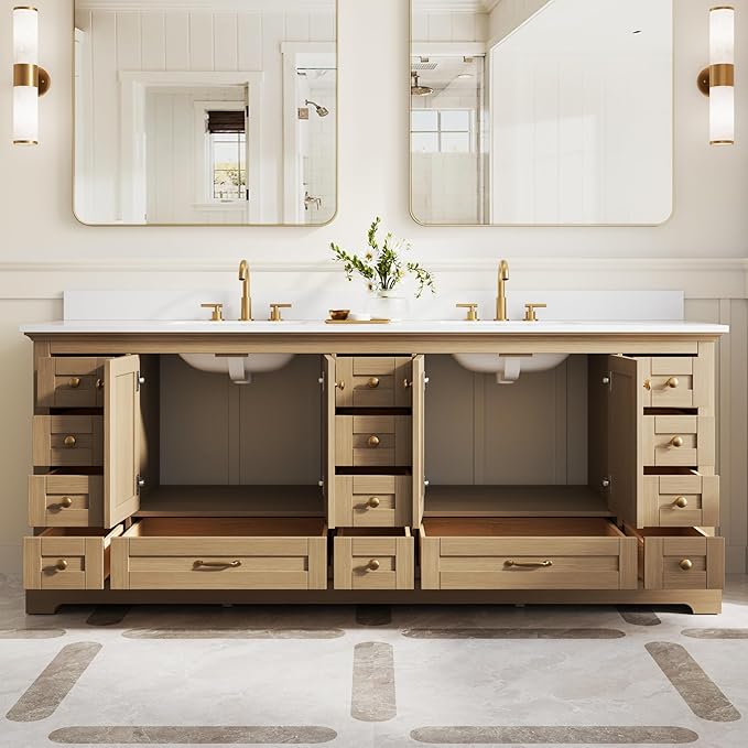 WELLFOR 84 Inch Bathroom Vanity with Double Sinks, Bathroom Freestanding Vanity W/4 Soft-Close Doors and 14 Drawers, Large Storage Space Vanity, Cultured Marble Countertop Vanities (Oak)