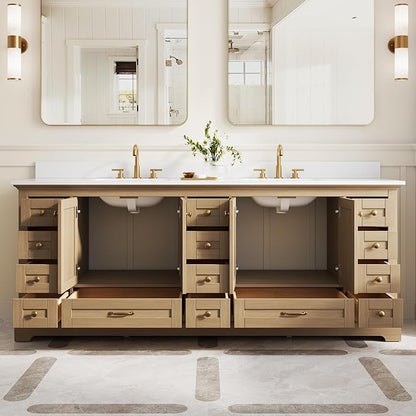 WELLFOR 84 Inch Bathroom Vanity with Double Sinks, Bathroom Freestanding Vanity W/4 Soft-Close Doors and 14 Drawers, Large Storage Space Vanity, Cultured Marble Countertop Vanities (Oak)