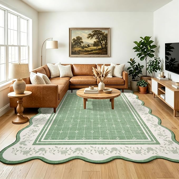 Garvee Large Area Rug Washable 10x13 Scalloped Floral Living Room Rug Green | Soft Non Slip Low Pile Indoor Carpet Stain Resistant Modern Bordered Accent Carpet for Bedroom Nursery Kids Room Office