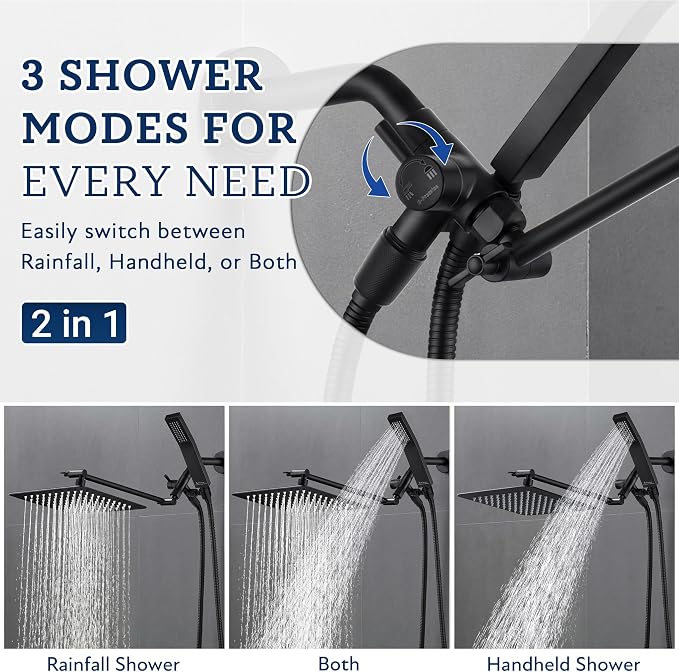 G-Promise All Metal 10" Dual Square Shower Head Combo | Rain Shower Head | Handheld Shower Wand | Adjustable | 3-Way Diverter | 71" Extra Long Hose - A Bathroom Upgrade (Matte Black) | Built to Last, Easy Install, Adjustable Height & Angle for All Heig...