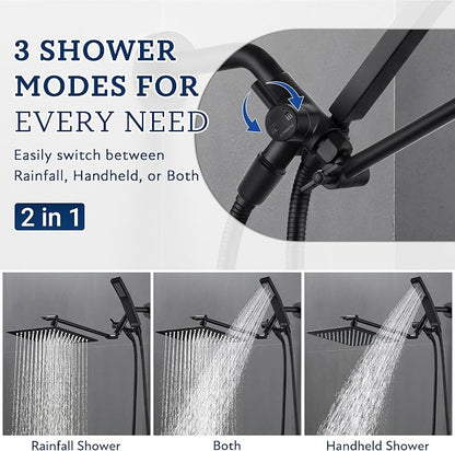 G-Promise All Metal 10" Dual Square Shower Head Combo | Rain Shower Head | Handheld Shower Wand | Adjustable | 3-Way Diverter | 71" Extra Long Hose - A Bathroom Upgrade (Matte Black) | Built to Last, Easy Install, Adjustable Height & Angle for All Heig...