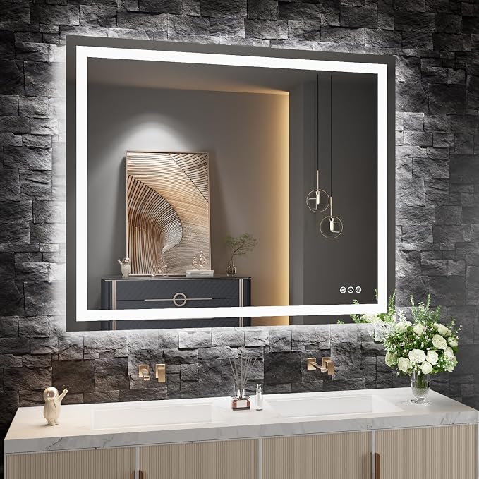 LED Bathroom Mirror 48"X38" with Front Light and Backlit | Stepless Dimmable, Anti-Fog, Shatter-Proof, HD Reflection, Memory, 3 Colors Lighting, UL Listed (Horizontal/Vertical).