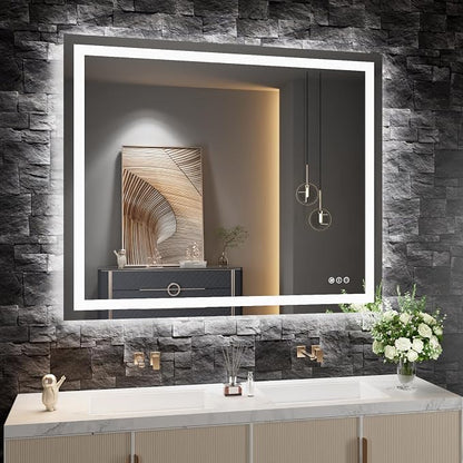 LED Bathroom Mirror 48"X38" with Front Light and Backlit | Stepless Dimmable, Anti-Fog, Shatter-Proof, HD Reflection, Memory, 3 Colors Lighting, UL Listed (Horizontal/Vertical).