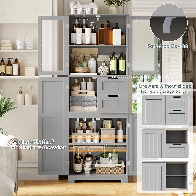 BOTLOG 67'' Tall Bathroom Storage Cabinet with Adjustable Shelf | Frosted Glass Doors, Wood Drawers, Kitchen Pantry Line Cabinet for Kitchen Bathroom, Living Room, Grey