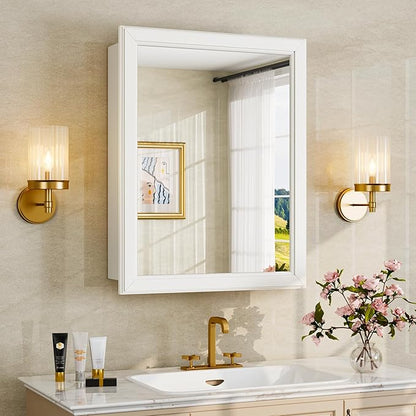 Antok Medicine Cabinet with Mirror 15x19 inch, Wall-Mounted Bathroom Mirrors with Storage Modern, in Recessed Vanity Medicine Cabinets Door Wooden Frame Shelf Surface Mount Over Sink Organizer, White