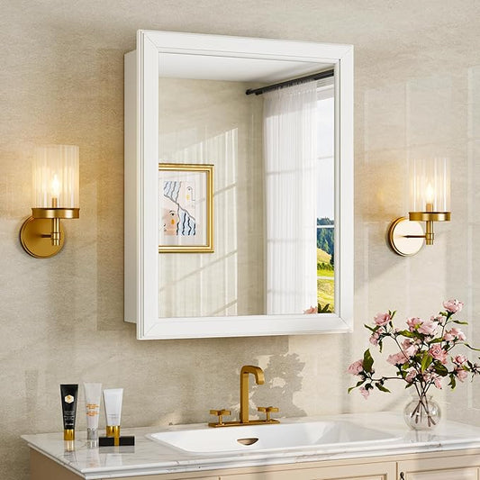 Antok Medicine Cabinet with Mirror 15x19 inch, Wall-Mounted Bathroom Mirrors with Storage Modern, in Recessed Vanity Medicine Cabinets Door Wooden Frame Shelf Surface Mount Over Sink Organizer, White