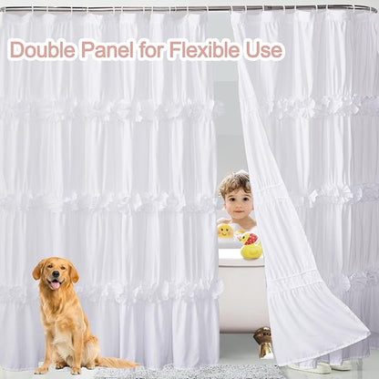 Homechoice Decor White Shower Curtain 2 Pack, 72" W x 72" L x 2 Panels | Double Panels for Easy Access, Soft Brushed Texture, Elegant Ruffle Design, Hotel-Style Bathroom Décor (LQ-44)