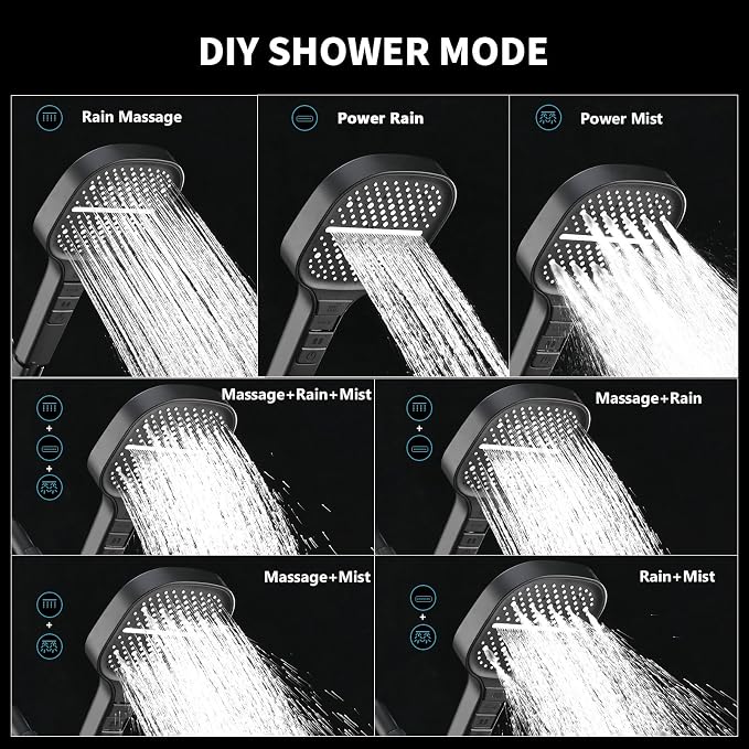 Handheld Shower Head with Extra Long Hose, 8 Setting Square Detachable Hand Held Spray with Upgrade Piano-Key Button & On Off Switch, 79" Long Stainless Steel Hose, Adjustable Bracket - Matte Black