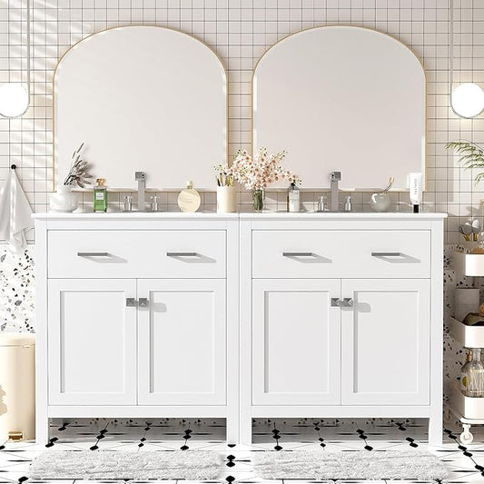 Harper & Bright Designs 60" Bathroom Vanity Set with Double Sink, Vanity Cabinet with Flip Drawer, 2 Doors, and Adjustable Shelf, Solid Wood Bathroom Cabinet with Ceramic Basin for Bathroom, White