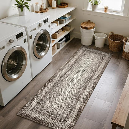 Imitation Braided Collection-Print Hallway Runner Rug 2x6 Non Slip Washable Area Rug, Soft Low Pile Farmhouse Rustic Carpet Foldable Indoor Mat for Laundry Room, Kitchen, Bedroom - Mocha