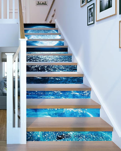 FLFK Bright Moon on The Sea Stair Stickers - Set of 15, Peel and Stick Stair Riser Decals, 39.3"x7.08"
