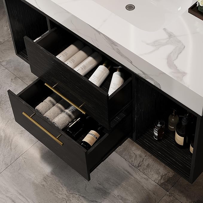 40 inch Modern Floating Bathroom Vanity with Sink, Wall Mounted Bathroom Cabinet with Ceramic Sink, Sintered Stone Countertop, 2 Soft Closing Drawers & Open Storage Shelf, Black