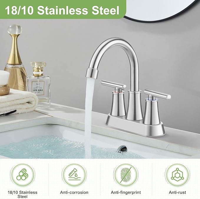 Herogo Bathroom Faucet for Sink 3 Holes Brushed Nickel, 4 Inch 2-Handle Centerset Bathroom Sink Faucet with Pop-Up Drain & Supply Hoses, 18/10 Stainless Steel, for RV Vanity Lavatory