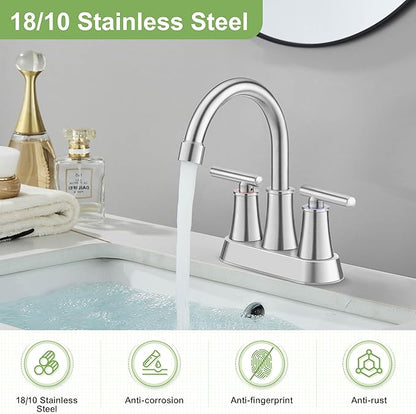 Herogo Bathroom Faucet for Sink 3 Holes Brushed Nickel, 4 Inch 2-Handle Centerset Bathroom Sink Faucet with Pop-Up Drain & Supply Hoses, 18/10 Stainless Steel, for RV Vanity Lavatory