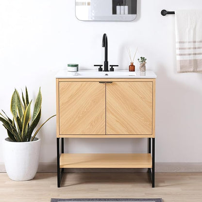 JONATHAN Y VAN1014A Juhl 30 in. W x 18 in. D x 33 in. H Chevron-Front Modern Minimalist 2-Shelf Bathroom Vanity Cabinet Only with Soft Closing Doors (Sink Basin Not Included), Oak