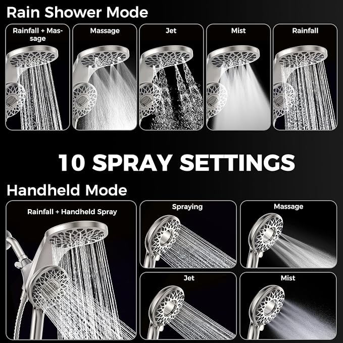 High Pressure Rain Shower Head with Handheld Spray Combo | Detachable Dual Shower Head with 10 Sprays Modes - Upgrade Knob Spray Mode Selector and Magnetic Guidance Docking System