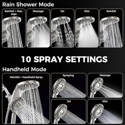 High Pressure Rain Shower Head with Handheld Spray Combo | Detachable Dual Shower Head with 10 Sprays Modes - Upgrade Knob Spray Mode Selector and Magnetic Guidance Docking System