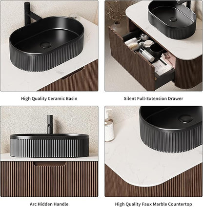 Yayzy 36" Floating Bathroom Vanity with Sink, Solid Wood Fluted Cabinet, Black Fluted Oval Ceramic Basin & Faux Marble Top, Soft-Close Drawer, Pre-Assembled, Walnut Woodgrain