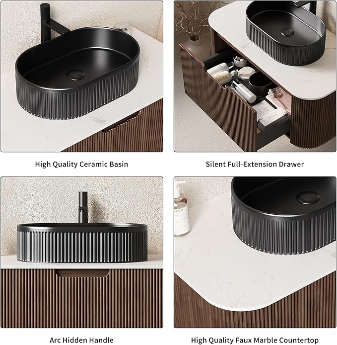 Yayzy 60" Floating Bathroom Vanity with Sink, Solid Wood Fluted Cabinet, Black Fluted Oval Ceramic Basin & Faux Marble Top, Soft-Close Drawer, Pre-Assembled, Walnut Woodgrain