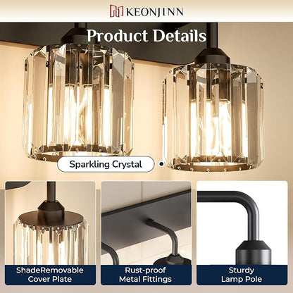 Keonjinn 5-Light Crystal Bathroom Light Fixtures Over Mirror, Black | Vanity Lighting Fixture with Square Shades, Dimmable, Modern Style, Compatible with E26 Base LED Bulbs (Blub Not Included)