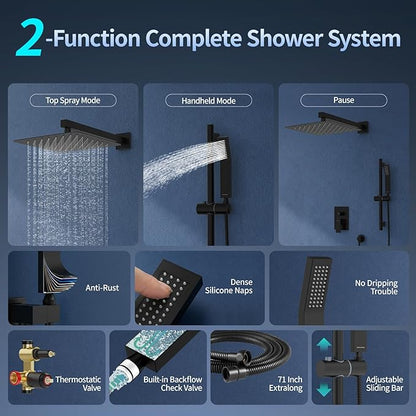 SR SUN RISE 12 Inch Slide Bar Shower Faucet Luxury High Pressure Shower Heads and Handheld Spray Combo Set Wall Mounted Shower System Included Valve and Trim Kit, Matte Black