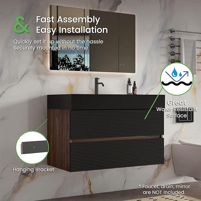 36 Inch Bathroom Vanity with Black Sink, Floating Bathroom Cabinet with 2 Soft-Closing Drawers, Large Storage for Powder Room, Apartment, Hotel, Walnut+Black, Fir Collection