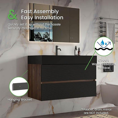 36 Inch Bathroom Vanity with Black Sink, Floating Bathroom Cabinet with 2 Soft-Closing Drawers, Large Storage for Powder Room, Apartment, Hotel, Walnut+Black, Fir Collection