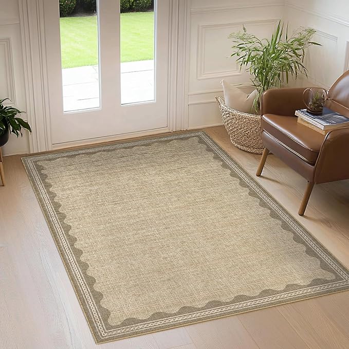 Garvee Living Room Rug 4x6 Washable Rug Modern Bordered Bedroom Rugs Jute | Ultra Soft Non Slip Lightweight Floor Cover Low Pile Stain-Resistant Foldable Accent Carpet for Living Room Nursery Dorm