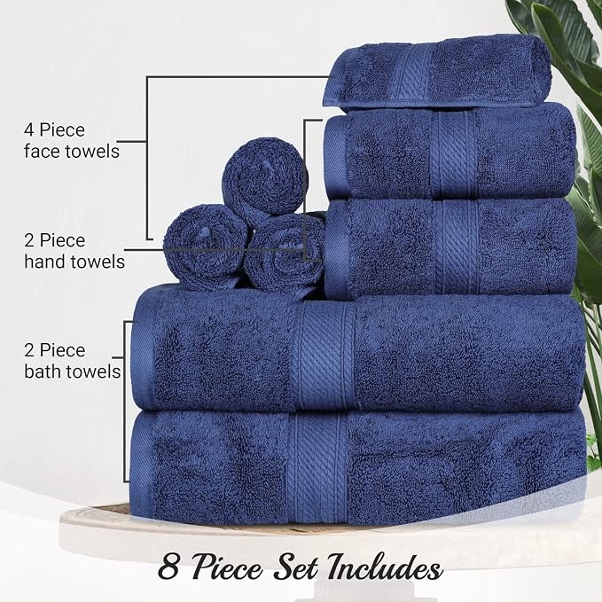SUPERIOR Egyptian Cotton Ultra Plush & Absorbent, 8 Piece Set, Navy Blue | Quick Dry, Soft Luxury Towel Set, Bath Essentials, Guest Bath, Spa, 2 Bath, 2 Hand, 4 Face Towels, Madeline Towels