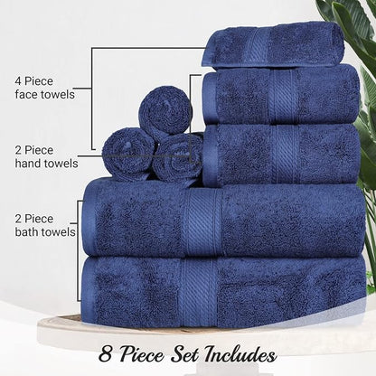SUPERIOR Egyptian Cotton Ultra Plush & Absorbent, 8 Piece Set, Navy Blue | Quick Dry, Soft Luxury Towel Set, Bath Essentials, Guest Bath, Spa, 2 Bath, 2 Hand, 4 Face Towels, Madeline Towels