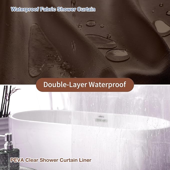 Shower Curtain and Liner, 3 in 1 Shower Curtain Set with 12 Double Sided Shower Curtain Hooks, Cloth Shower Curtains for Bathroom,Waterproof, Brown 72 * 72