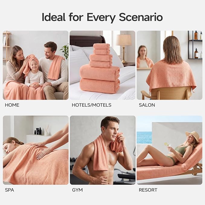REDKISS Ultra Soft 6 Piece Towel Set, Premium Towels for Bathroom, Highly Absorbent, Quick Dry, Lightweight Bath Towels Set Collection, Includes 2 Bath Towels, 2 Hand Towels, 2 Washcloths, Orange