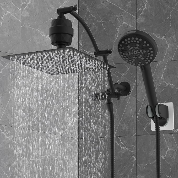 Hibbent 12" Dual Filtered Shower Head Combo, 10-spray Handheld, Black | All Metal High Pressure Rainfall Shower Head Combo with Filter, 16" Extension Arm, 3-way Diverter, 71" Hose & Shower Holder