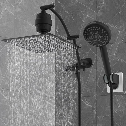 Hibbent 12" Dual Filtered Shower Head Combo, 10-spray Handheld, Black | All Metal High Pressure Rainfall Shower Head Combo with Filter, 16" Extension Arm, 3-way Diverter, 71" Hose & Shower Holder
