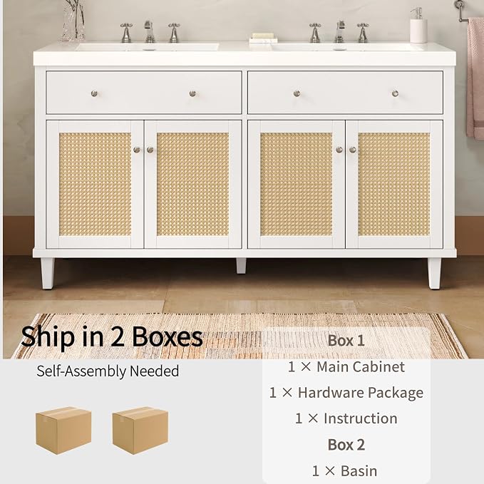 60" Double Sink Bathroom Vanity with Double Sinks, Soft Closing Doors and Flip-Out Drawers, Solid Wood Frame & MDF Modern Wood Bathroom Sink Cabinet, Freestanding Solid Wood Legs
