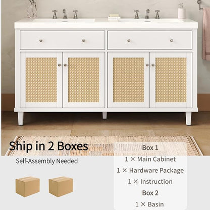 60" Double Sink Bathroom Vanity with Double Sinks, Soft Closing Doors and Flip-Out Drawers, Solid Wood Frame & MDF Modern Wood Bathroom Sink Cabinet, Freestanding Solid Wood Legs