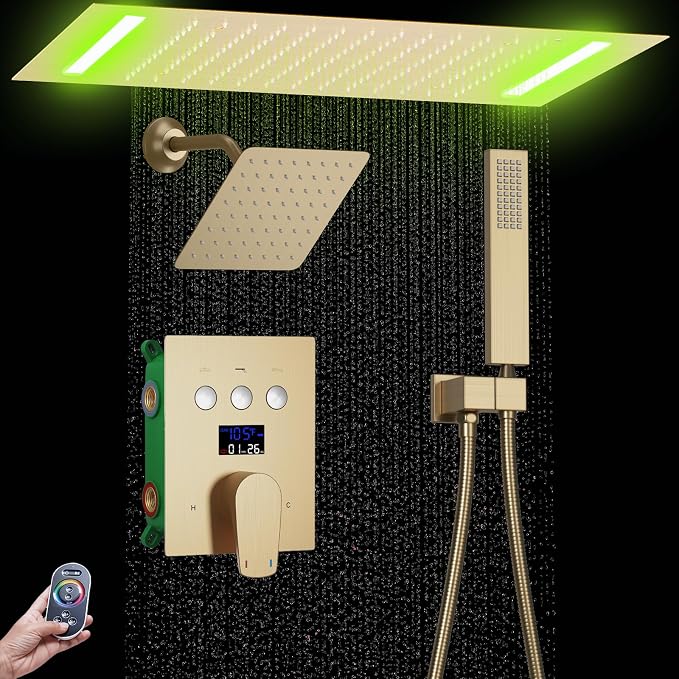 Dual Rain Shower Head System Ceiling Mount 14x20inch LED Shower Head and 8 Inch Side Shower Head with Handheld, Rainfall Shower Faucet Set(Brushed Gold)